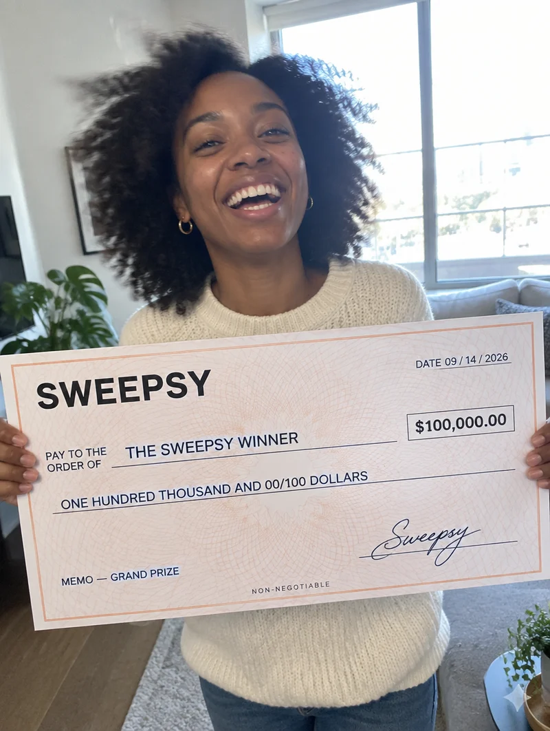 A woman laughs as she holds an oversized Sweepsy presentation cheque for $100,000 in a bright living room.